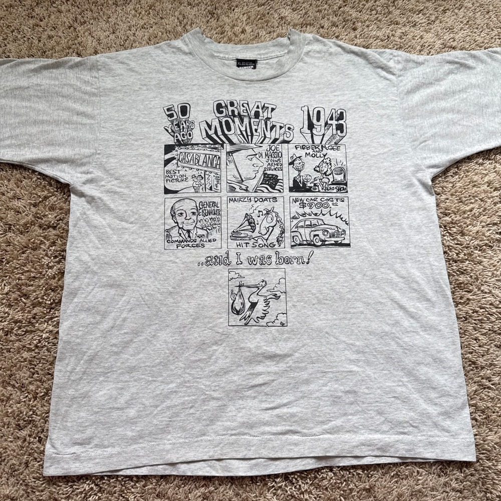 Vintage 1993 Screen Stars Best 1943 Great Moments T Shirt XL Gray Single Stitch